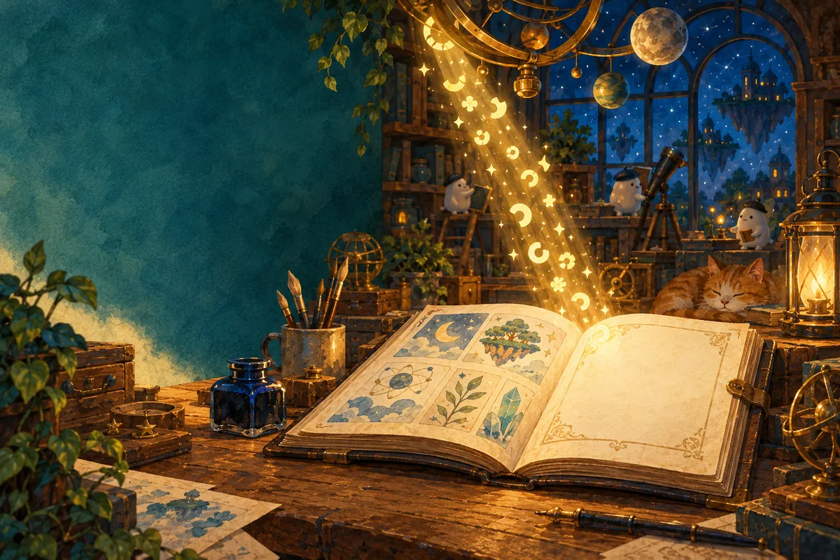 夜の作業台に開かれた辞書。まだ白紙の語義欄に、あたたかな光が降りてくる。