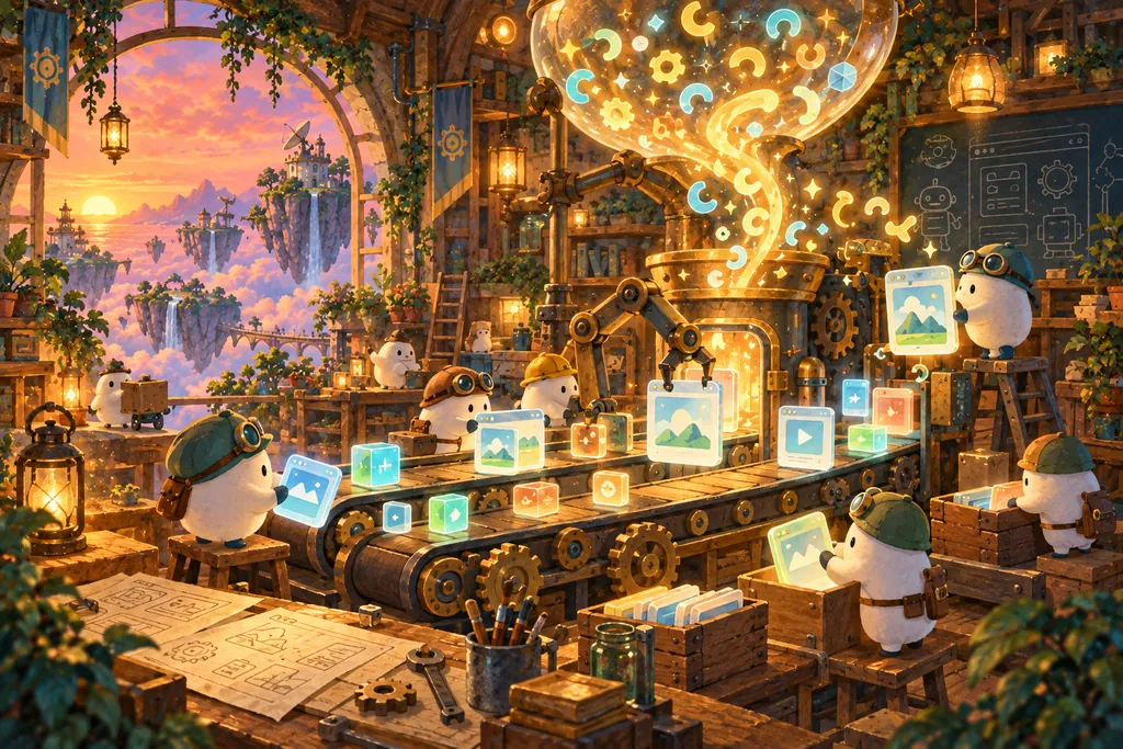 空に浮かぶアプリ工房。道具と光る部品が並ぶ、あたたかな作業場。